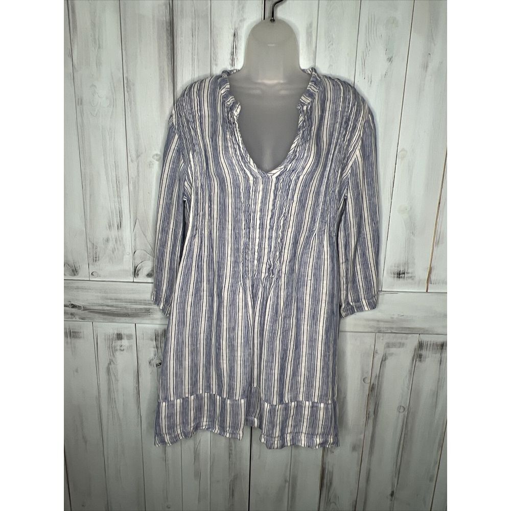 WOMENS CP SHADES BLUE WHITE STRIPED PINCH PLEAT 100% LINEN REGINA‎ TUNIC DRESS M